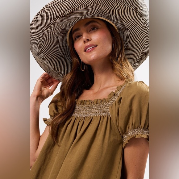 AMOUR VERT Smocked Embroidery Mini Dress Elm Green White Size M Sundress Sun - Picture 2 of 12